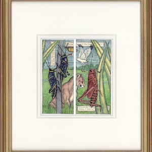 Puede incluir: Una ilustración vintage de una escena del libro "Song in the Savanna" de Paula J. Ryan. La ilustración representa un cachorro de león marrón, un pájaro blanco y dos tipos de saltamontes, uno negro y otro rojo, sobre un fondo verde.