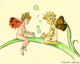 carte postale fées enfants lutins