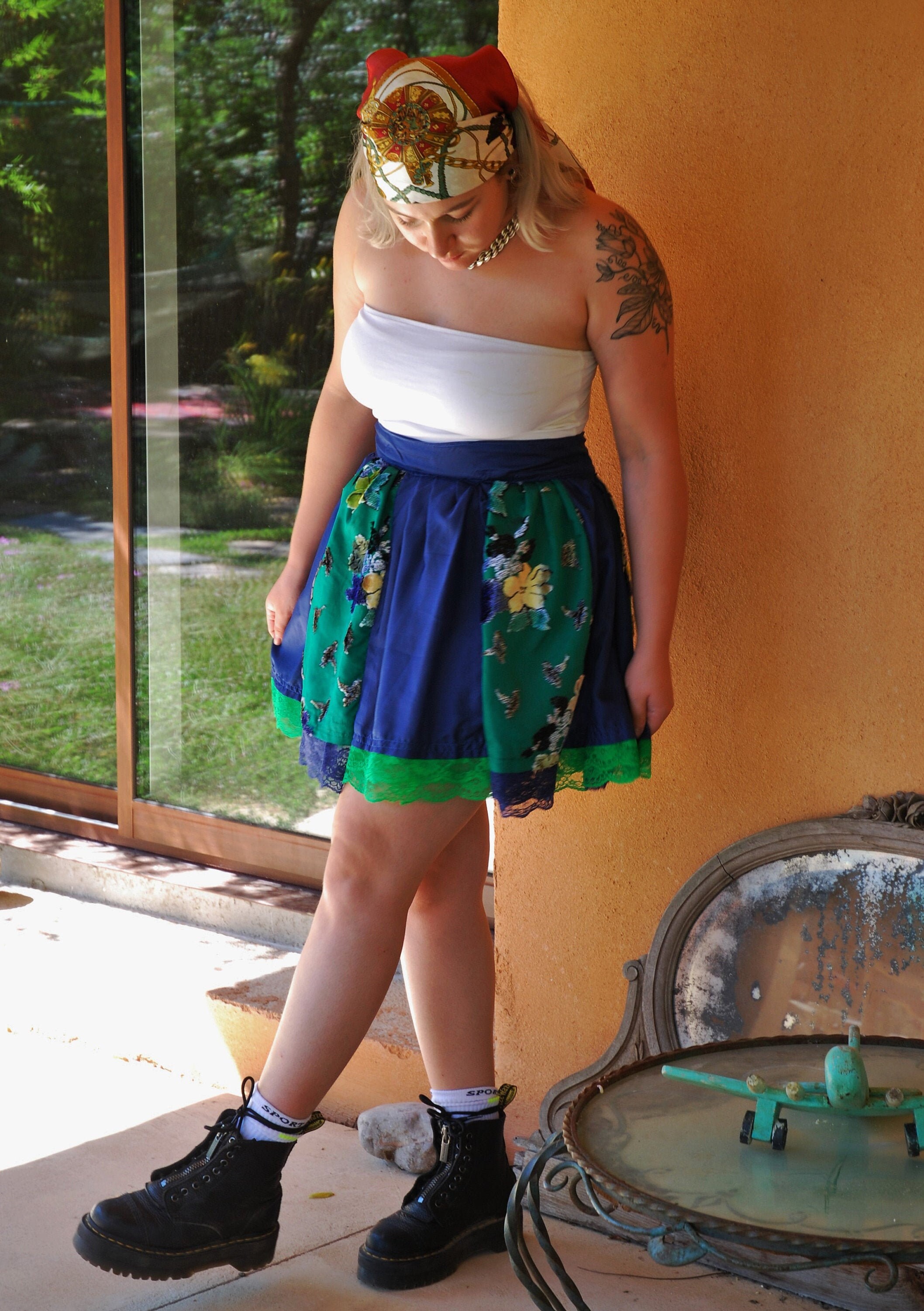 Jupe 100% Soie August Silk Bleu Foncé - Taille 3, Mi-longue, Motif Carreaux - Neuf Avec étiquettes