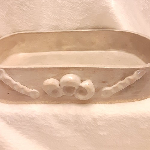 Mid-Century Pottery Art signed by Carol Couture '59. shops Large, glazed gray/light blue color. Would be a great makeup caddy for a vanity.