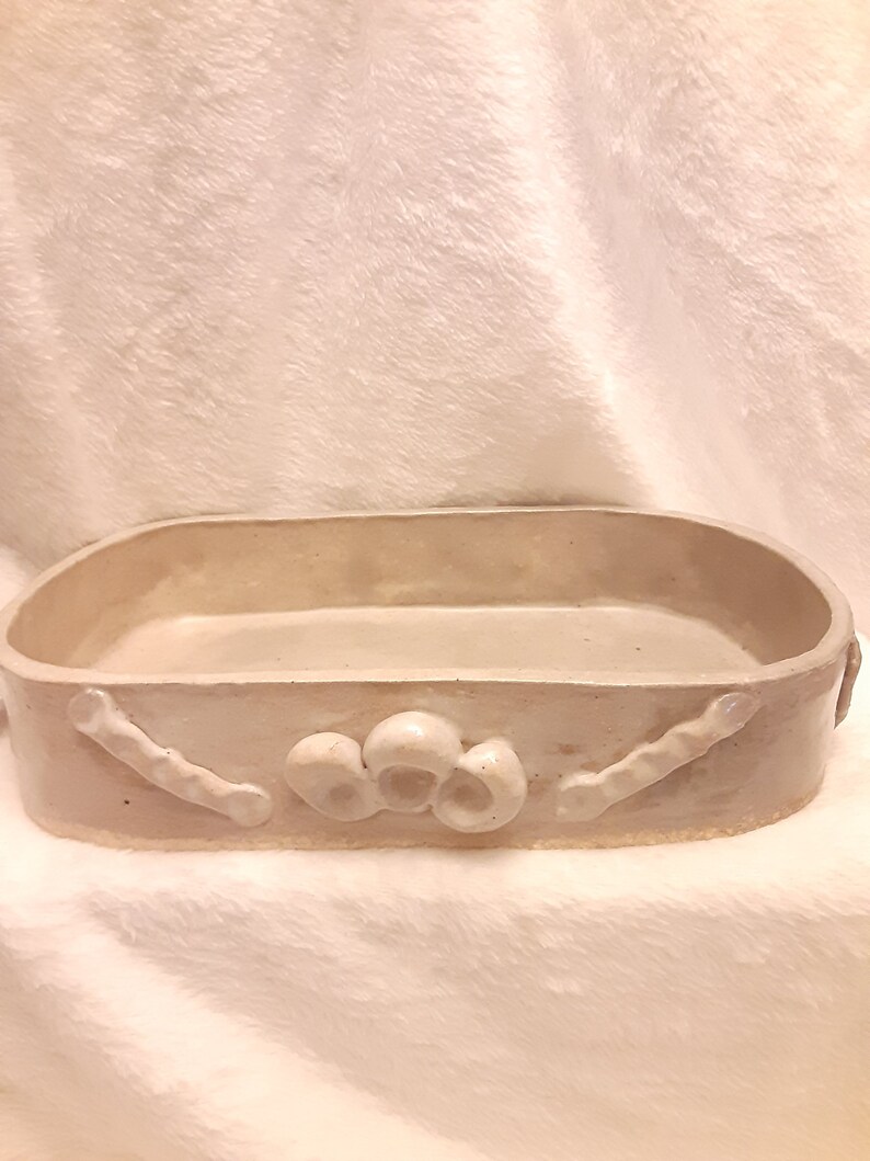 Mid-Century Pottery Art signed by Carol Couture '59. shops Large, glazed gray/light blue color. Would be a great makeup caddy for a vanity.