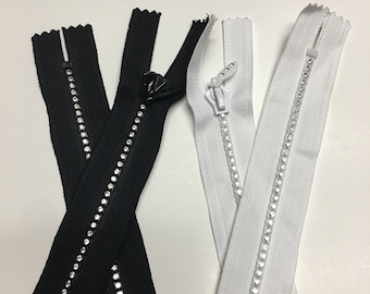 60cm Crystal Swarovski Rhinestone Zippers BLACK OR WHITE for Drees/Bags/and More on closed end zipper