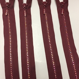 60cm Kristall Swarovski Strass Reißverschluss WINE / BURGUNDY für Shirt / Jacke mit Reißverschluss am offenen Ende