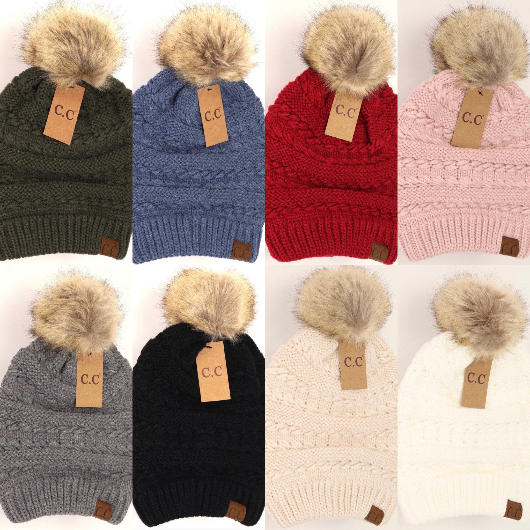CC Whipstitch Knit Faux Fur Pom Beanie 