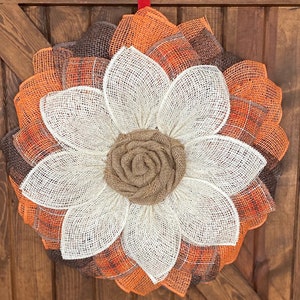Fall wreath, autumn wreath, orange wreath, poly burlap wreath