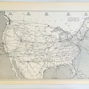 Vintage United States Map, Scheduled Airlines Map, Vintage Decor