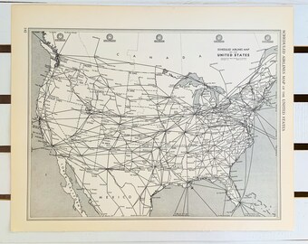 Vintage United States Map, Scheduled Airlines Map, Vintage Decor