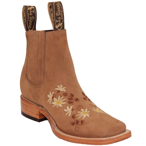 WOMENS Short Ankle Cowgirl Boots, Square Toe Leather Daisy Embroidered, Western Boots