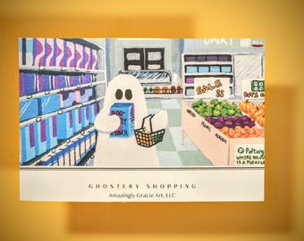 GHOSTERY SHOPPING Postcard (4-Pack) | Halloween Postcards | Ghost Postcards | Americana | Florida Postcards | Publix Grocery | Pub Subs
