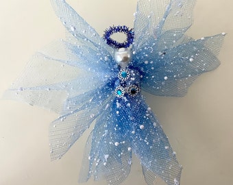 Blue Deco Mesh Angel Ornament