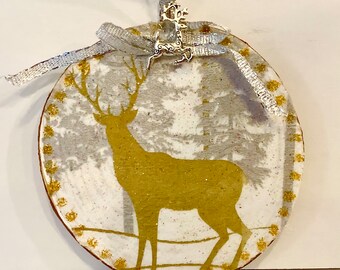 Gold and Silver Deer Wood Slice Ornament
