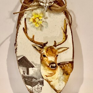 Deer and Cabin wood Slice Ornament