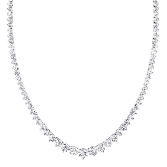 3 Prong Riviera Graduated Diamond Tennis Necklace in 18k White Gold 12 Carat TW