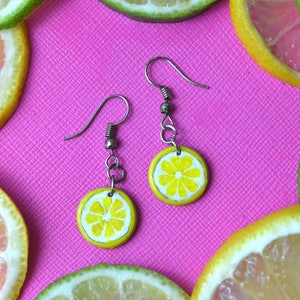 Lemon Slice Dangle Earrings, Fruit Earrings, Summer Earrings, Leather Earrings