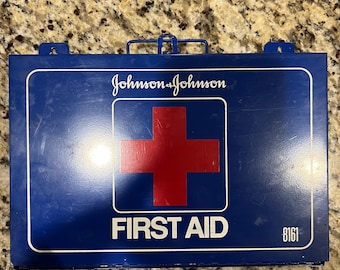 Lata publicitaria vintage de primeros auxilios Johnson & Johnson de alta resistencia, fabricada en EE. UU.