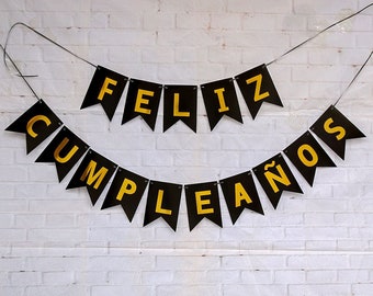 Black Gold Feliz Cumpleaños Banner, Elegant Fiesta Party Decorations