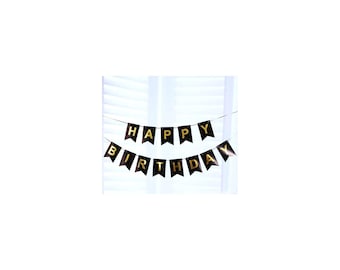 Black Gold Happy Birthday Banner, Birthday Backdrop, Party Bunting Sign