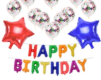 Happy Birthday Rainbow Confetti Balloon Set, Confetti Balloons, Star Balloons, Balloon Birthday Banner, Birthday Balloons