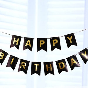 Black & Gold Birthday Banners, Bunting Birthday Banners, Party Decoration, Birthday Garland, Happy Birthday Banners