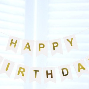 White & Gold Birthday Banners, Bunting Birthday Banners, Party Decoration, Birthday Garland, Happy Birthday Banners