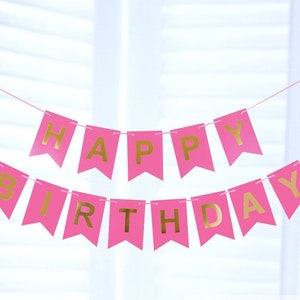 Pink & Gold Birthday Banners, Bunting Birthday Banners, Party Decoration, Birthday Garland, Happy Birthday Banners