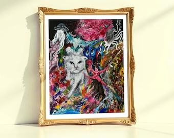 Psychedelic Cat Art Print- Whimsical Fantasy Wall Art Gift for Cat Lovers Art Collector Home Decor Trippy Surreal Painting Print Artist Made