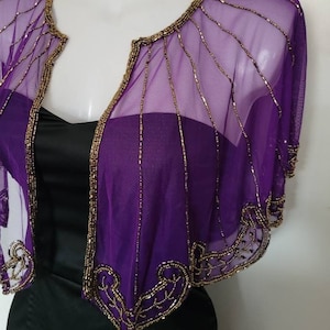 Beaded special occasion shrug / Purple Gold shiny evening capelet / Sequin Ponchos dress cover up