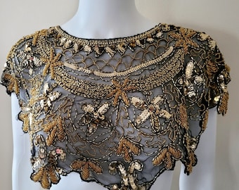Black Gold Beaded shrug, Wedding, Cape capelet  dresses, outfit  party shrugs,  capelet, beaded shawls, 1920s cover up, Stunning capelet