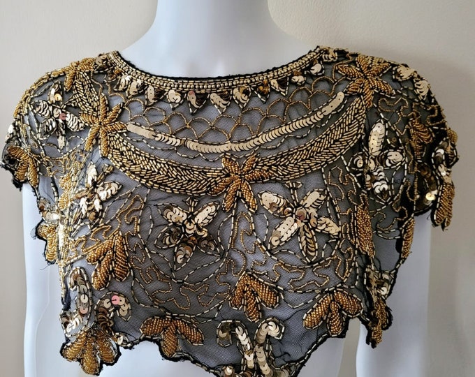 Black Gold Beaded Shrug, Wedding, Cape Capelet Dresses, Outfit Party Shrugs, Capelet, Beaded