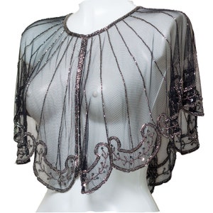 Beaded Poncho special occasion shrug / Black Silver  evening capelet / Sequin Ponchos dress cover up, Cape party