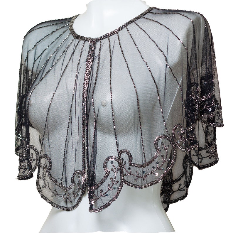 Beaded special occasion shrug / Black Gold shiny evening capelet / Sequin Ponchos dress cover up image 6