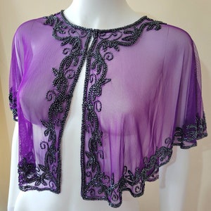 Beaded 1920&#39;s Bolero / Purple Grey Silver shiny evening capelet / Sequin Ponchos dress cover up