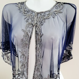 Boléro bleu marine vintage / Cape de soirée brillante dorée marine / Robe ponchos à sequins