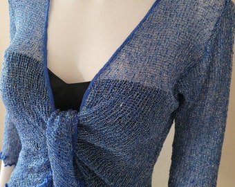 Glitter Shrug Womens Boleros beaded knitted Wrap Tie Blue Cardigan Glitter all over 3/4 Sleeve Dance Style Lame knit Fits to 10 to 22