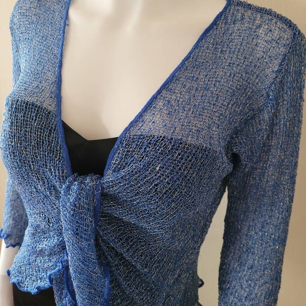 Boléros pour femmes en tricot pailleté avec cravate croisée, cardigan bleu pailleté, manches 3/4 style danse style tricot lamé Convient de 10 à 22 ans