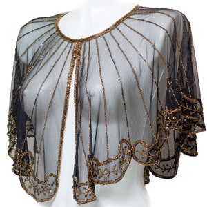 Beaded special occasion shrug / Black Gold shiny evening capelet / Sequin Ponchos dress cover up image 1