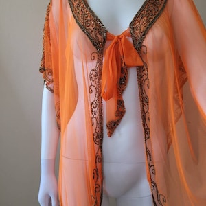 Orange Beaded Poncho special occasion cape/1920 evening/Cape Sequin Ponchos / cover up shoulders party,Stunning Scarf/Stole V-Neck 20&#39;s top