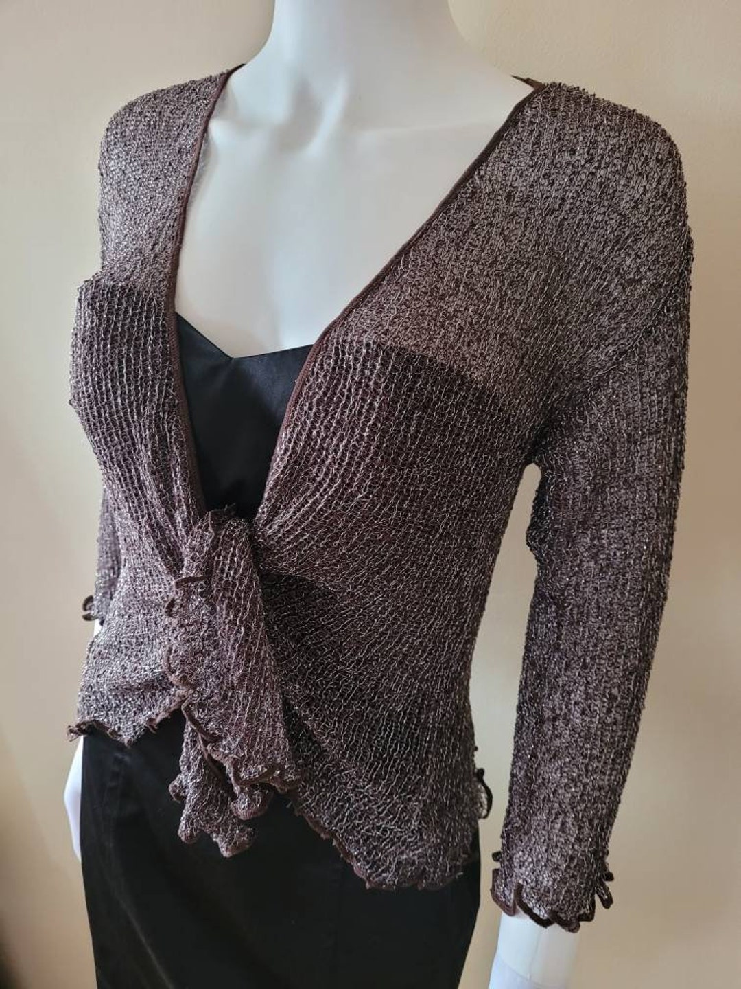 Glitter Shrug Womens Boleros Beaded Knitted Wrap Tie up Cardigan