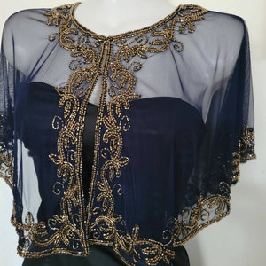 Beaded 1920's Bolero / Navy gold shiny evening capelet / Sequin Ponchos dress cover up