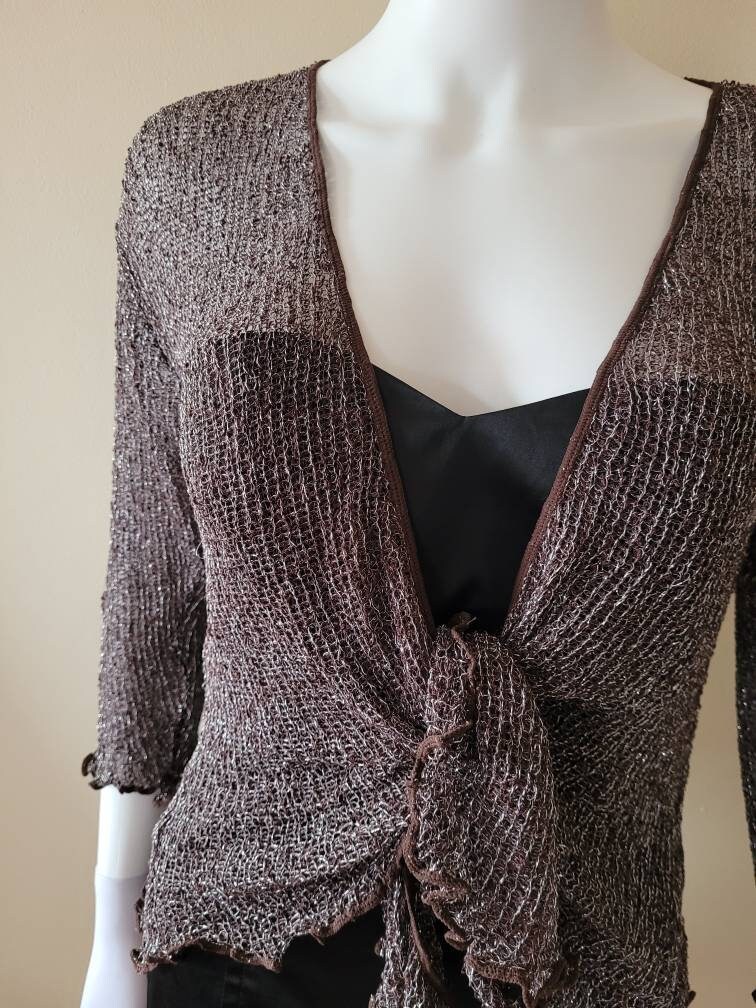 Glitter Shrug Womens Boleros Beaded Knitted Wrap Tie up Cardigan