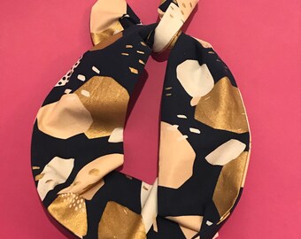 Headband| Wire Headband | Head wrap | Handmade| Abstract navy, peach & gold foil print