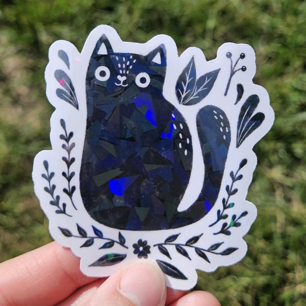 Folk Art Black Cat Holographic Sticker | Cat Decal for Laptop & Water Bottle