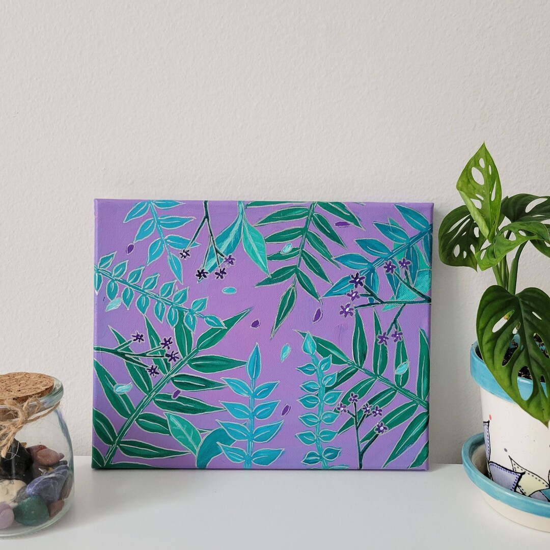 Green and Blue Leaves and Purple Flowers Canvas Acrylic Painting ...