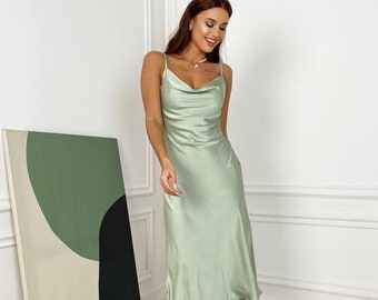 Kelly dress Sage green silk dress Sage satin dress Sage green bridesmaid slip Silk slip dress Homecoming dress Bias slip dress