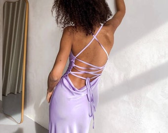 Lilac silk slip dress cowl neck Silk midi dress purple shoulder open back Bridesmaids lavander Satin dress for special occasions Chloe dress