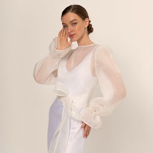 Bridal bolero Classic Organza Jacket Transparent Jacket Wrap organza blazer long bishop sleeve See through white blouse image 1