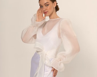 Boléro de mariée Veste classique en organza Veste transparente Wrap blazer en organza manches longues évêque Voir à travers un chemisier blanc