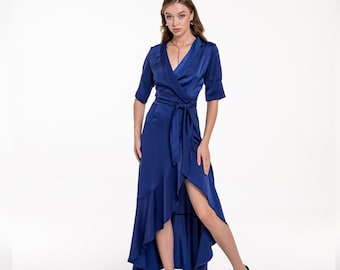 Navy blue silk wrap dress, wrap satin dress, ruffle bridesmaid dress, satin silk dress, long bridesmaid dress, long wrap dress, Janne dress