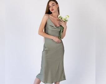 olive green midi dress formal Green Satin Off Shoulder Long Evening Prom Dresses, High Slit prom dre –  MarryLover
