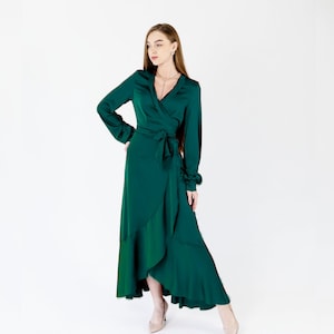 Janne dress Emerald silk dress Dark green dress with sleeves Wrap bridesmaid dress Green dress Emerald bridesmaid dress Graduation dress